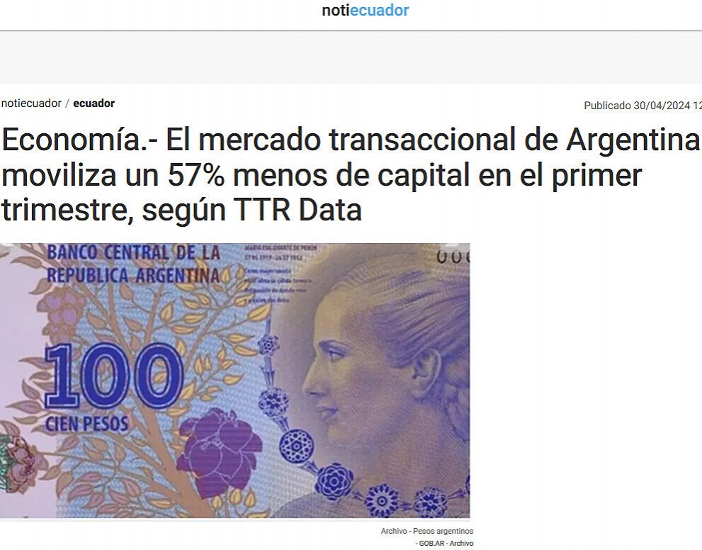 Economa.- El mercado transaccional de Argentina moviliza un 57% menos de capital en el primer trimestre, segn TTR Data